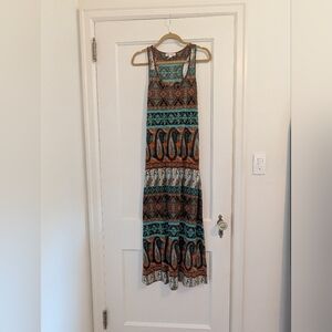 Women's Ambiance Teal and Orange Patterned Maxi Dress Size Small Casual